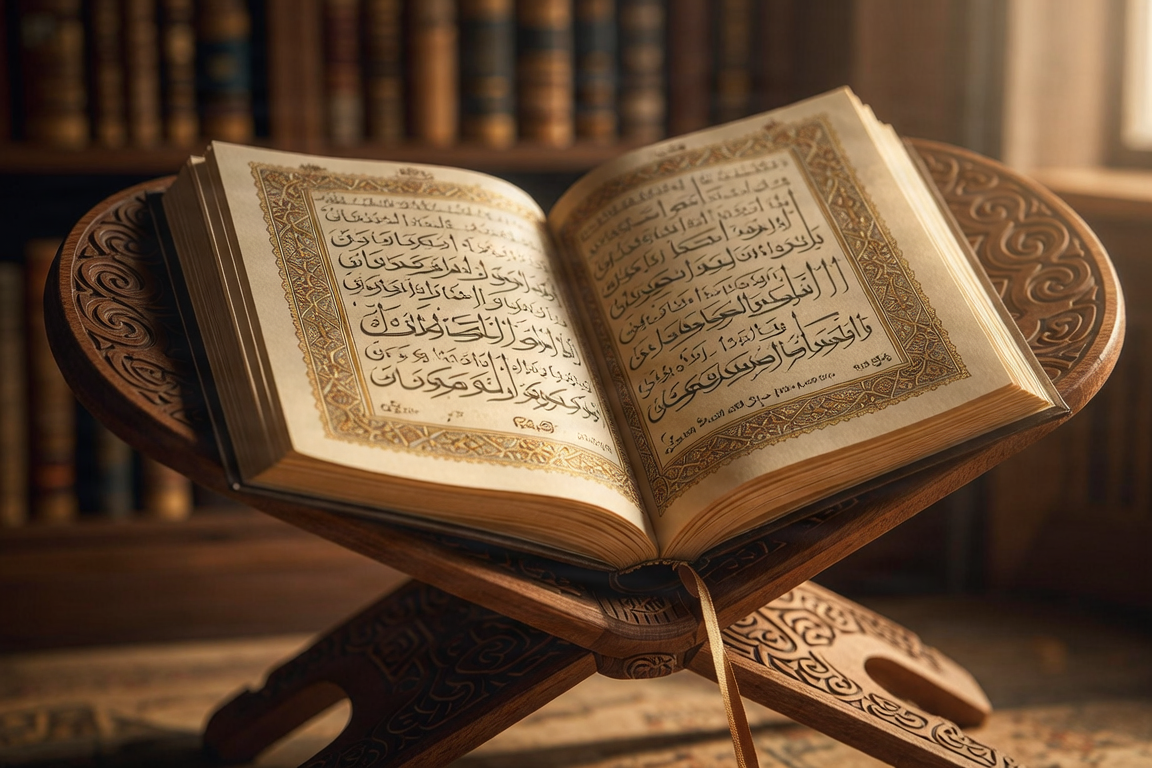 Open Quran on a wooden stand, Noorani Qaida style