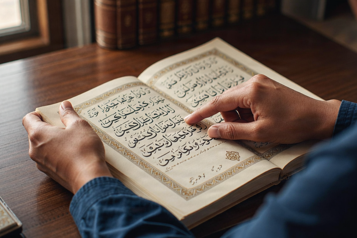 Person reading Quran with Tajweed focus